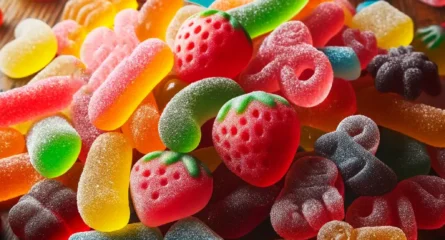 DALL·E 2024 02 15 16.50.25 A High Quality Photograph Capturing A Collection Of Soft Gummy Candies Scattered On A Wooden Surface, Showcasing Their Vibrant Colors And Various Frui